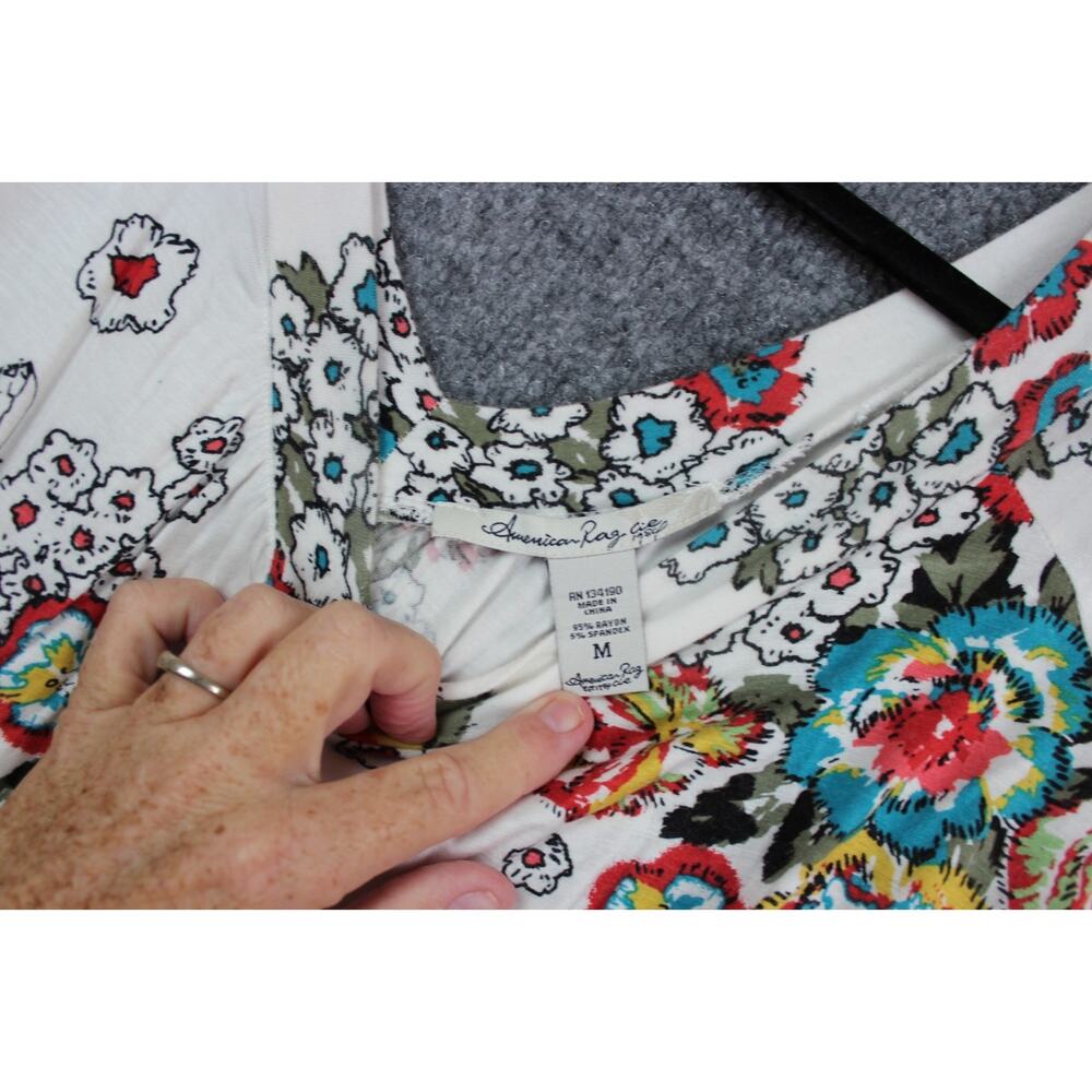 American Rag Cie blouse Size M White W Floral Print Synched Waist - Picture 7 of 9